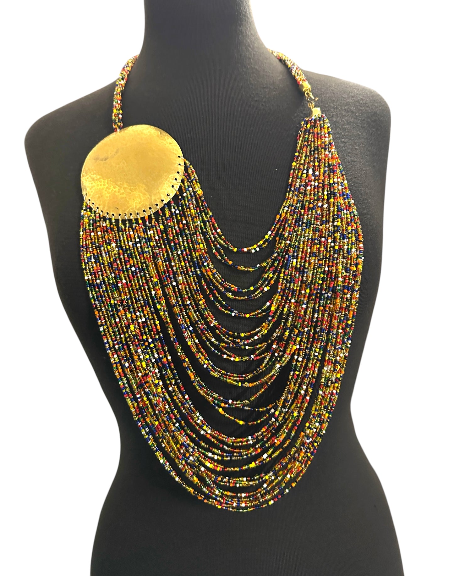 African Tribal Beaded Statement Necklace – Multicolour Layered Brass Necklace - Fatisha Boutique #