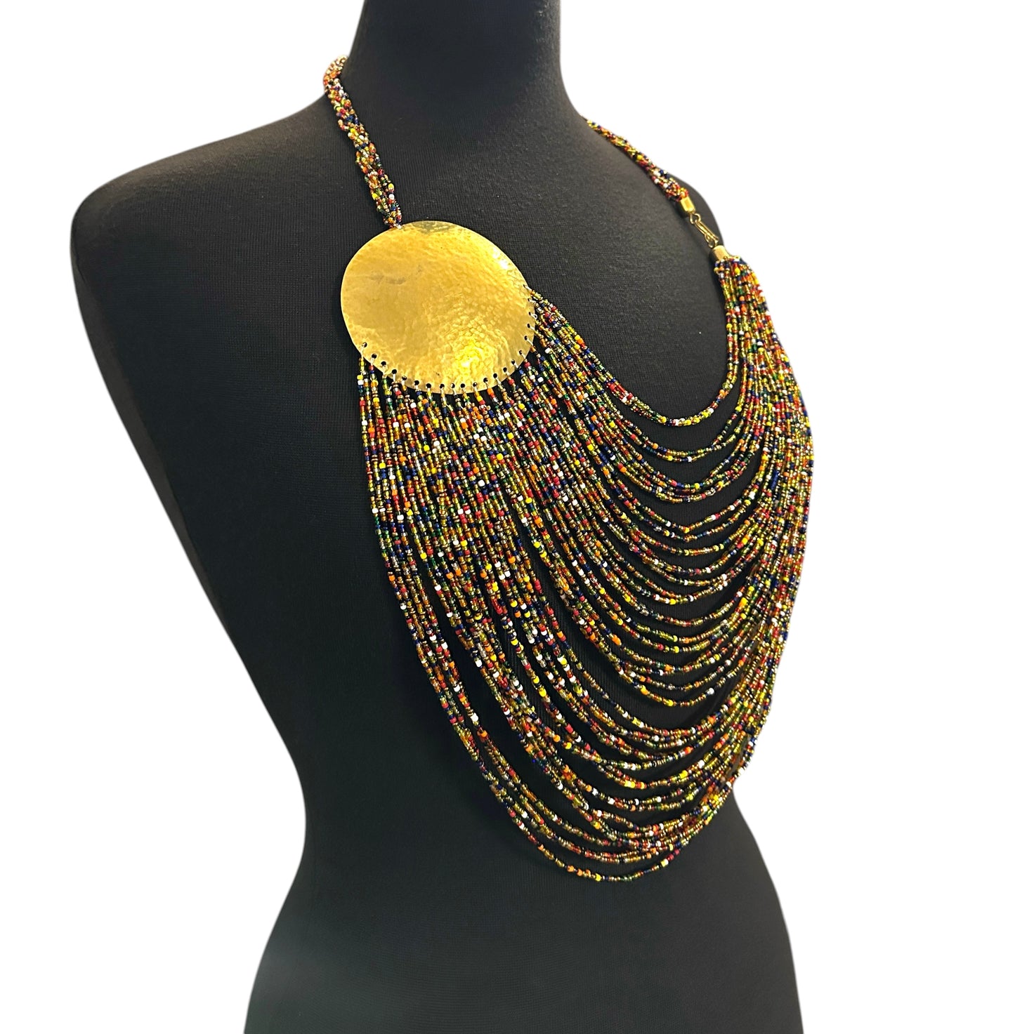 African Tribal Beaded Statement Necklace – Multicolour Layered Brass Necklace - Fatisha Boutique #