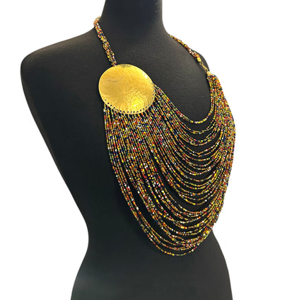 African Tribal Beaded Statement Necklace – Multicolour Layered Brass Necklace - Fatisha Boutique #