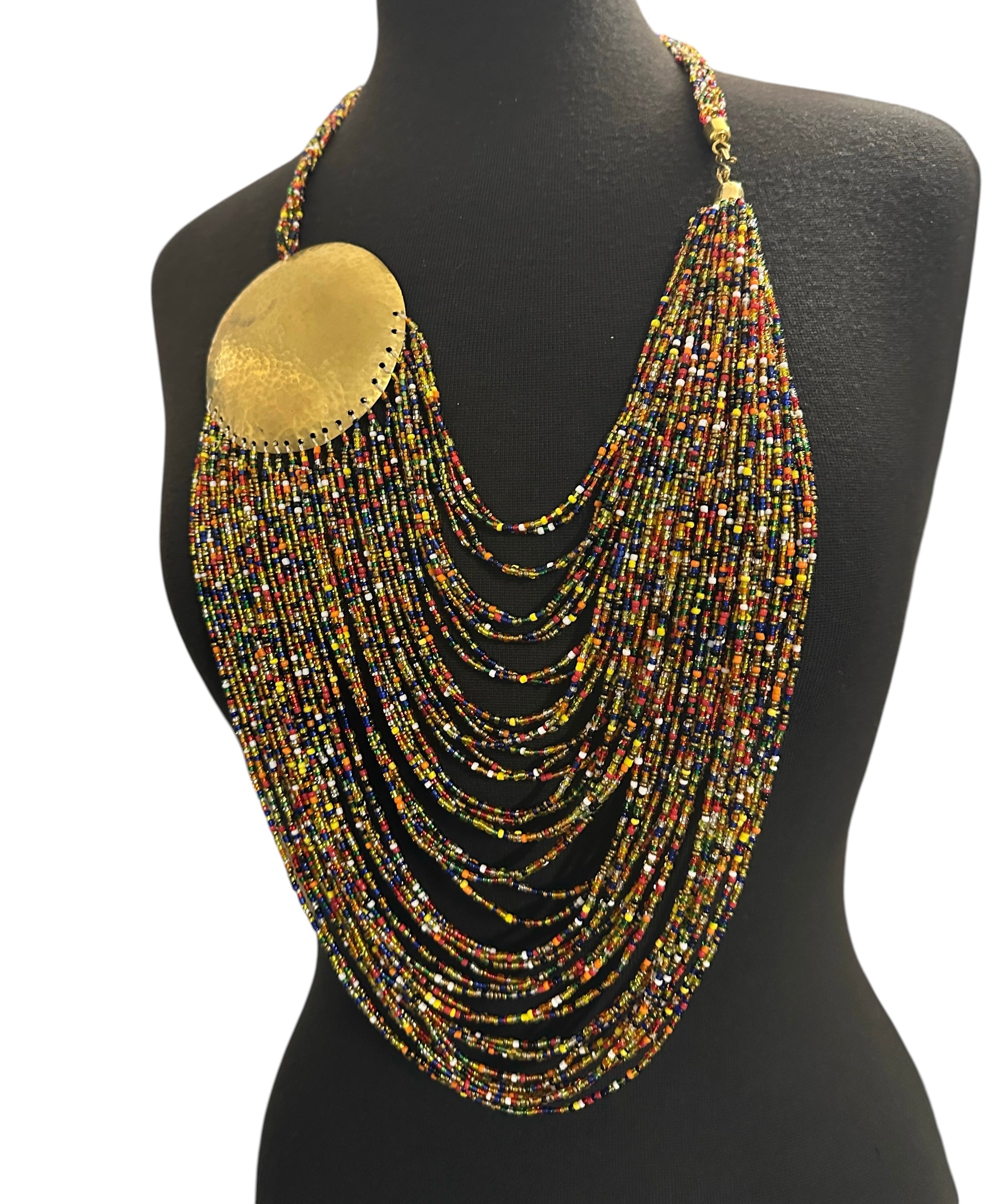 African Tribal Beaded Statement Necklace – Multicolour Layered Brass Necklace - Fatisha Boutique #