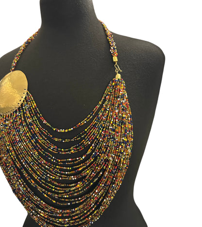 African Tribal Beaded Statement Necklace – Multicolour Layered Brass Necklace - Fatisha Boutique #