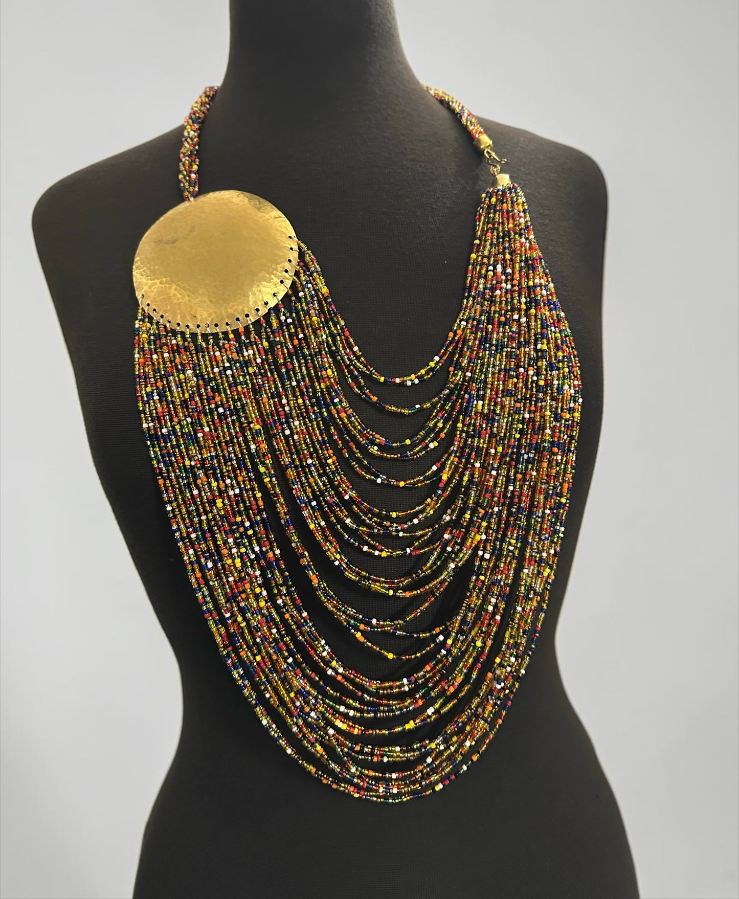 African Tribal Beaded Statement Necklace – Multicolour Layered Brass Necklace - Fatisha Boutique #