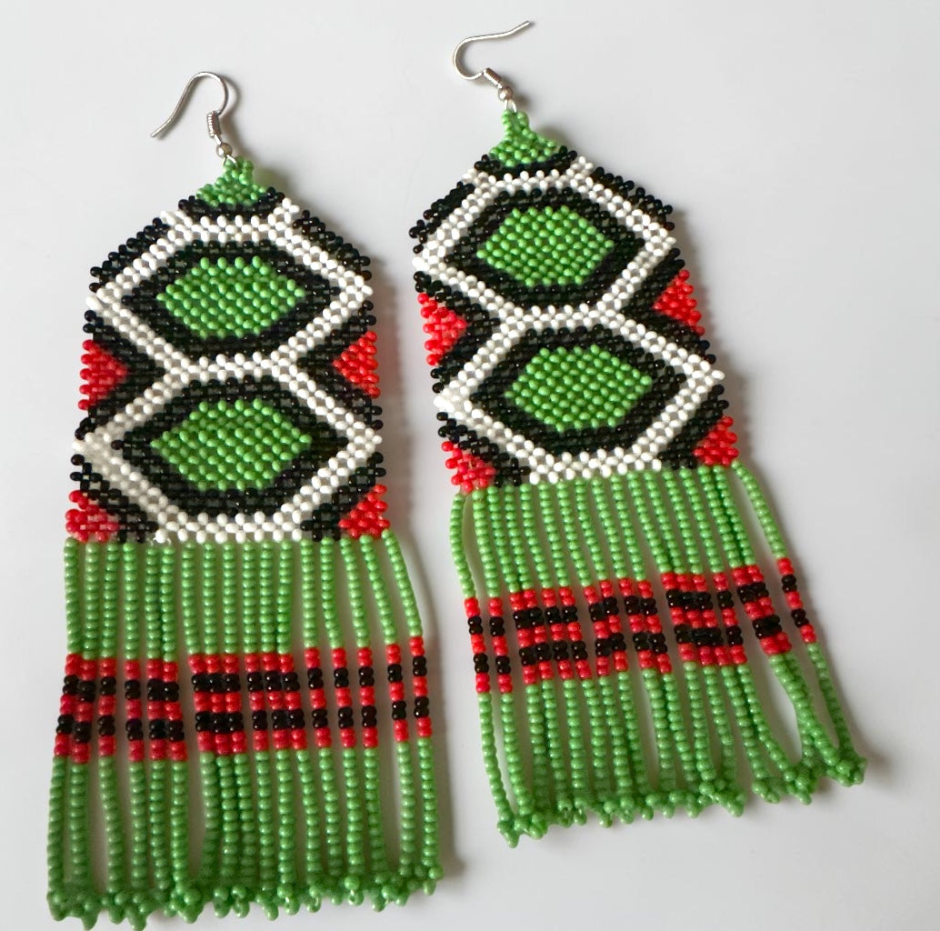 Long African Green Beaded Fringe Statement Earrings