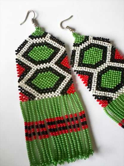 Long African Green Beaded Fringe Statement Earrings