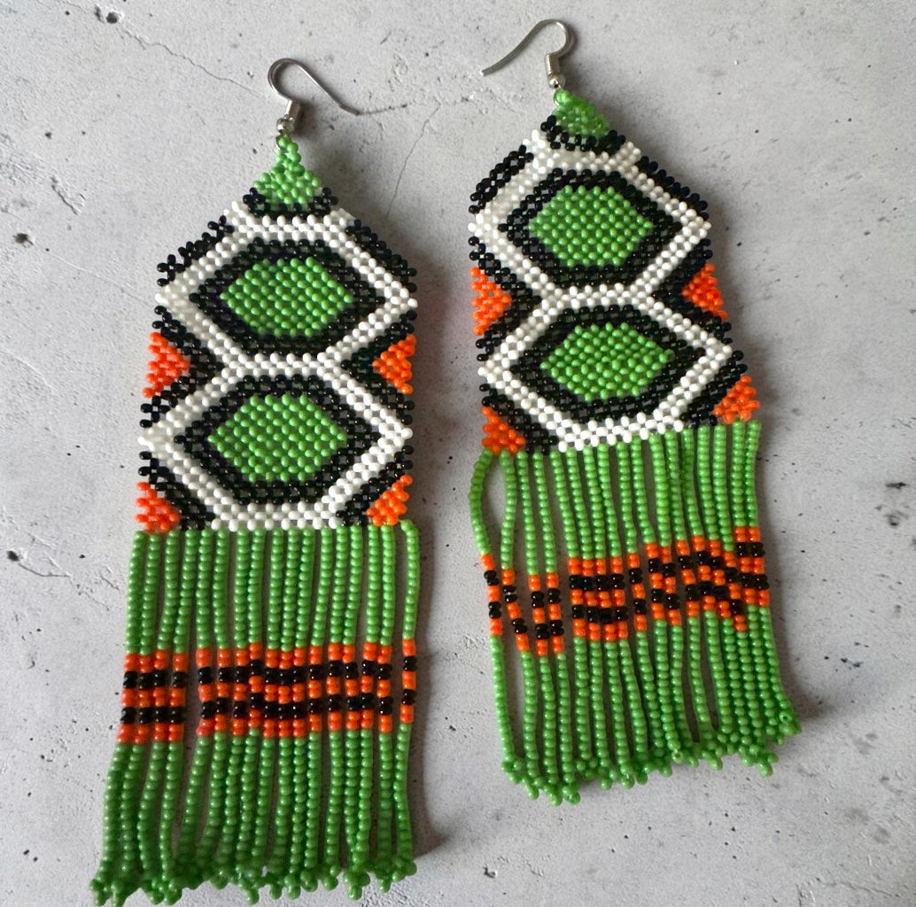 Long African Green Beaded Fringe Statement Earrings