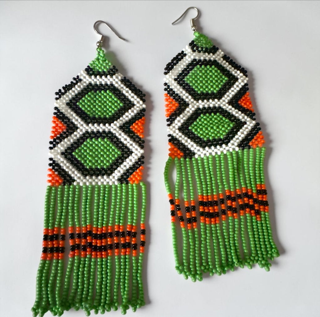 Long African Green Beaded Fringe Statement Earrings