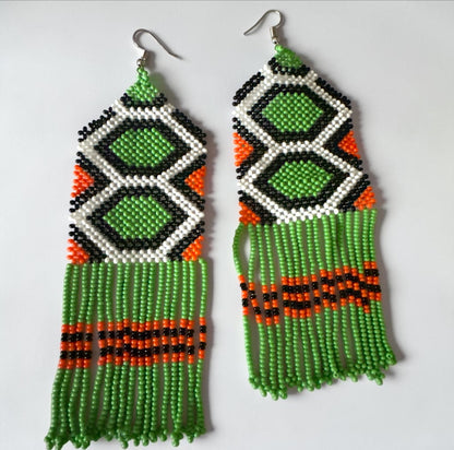 Long African Green Beaded Fringe Statement Earrings