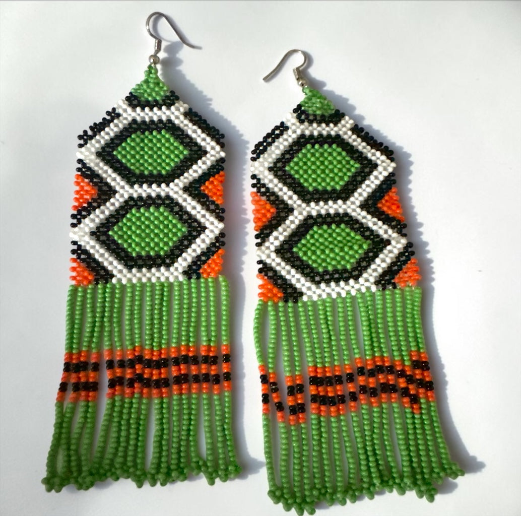 Long African Green Beaded Fringe Statement Earrings