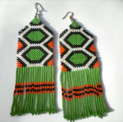 Long African Green Beaded Fringe Statement Earrings
