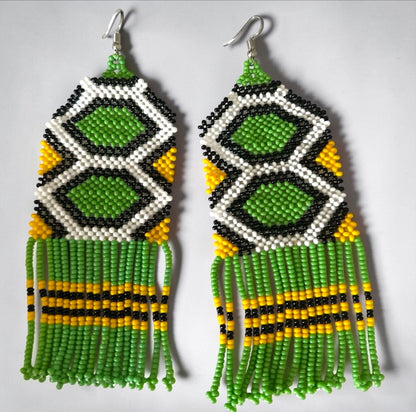 Long African Green Beaded Fringe Statement Earrings