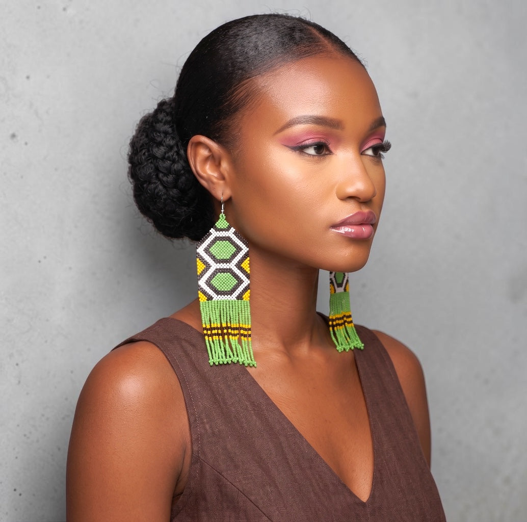 Long African Green Beaded Fringe Statement Earrings