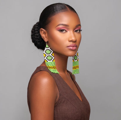 Long African Green Beaded Fringe Statement Earrings