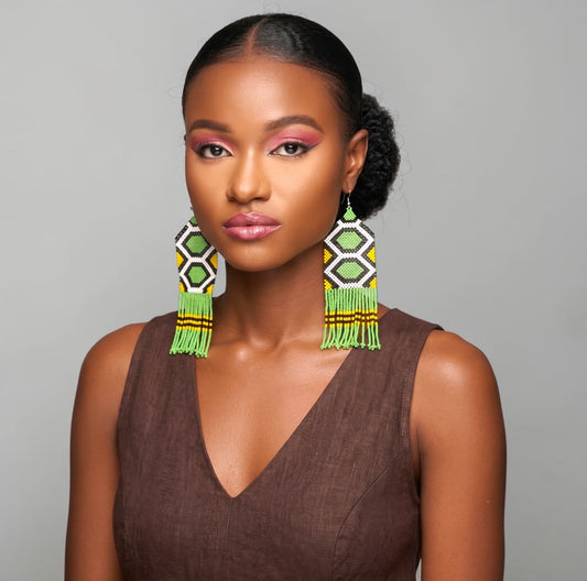 Long African Green Beaded Fringe Statement Earrings
