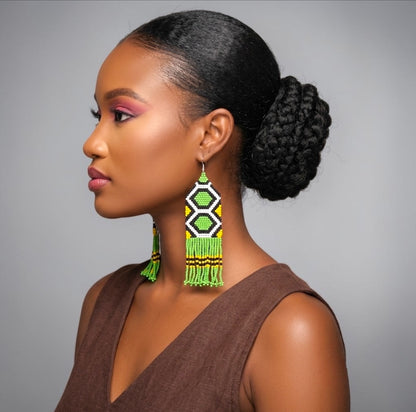 Long African Green Beaded Fringe Statement Earrings