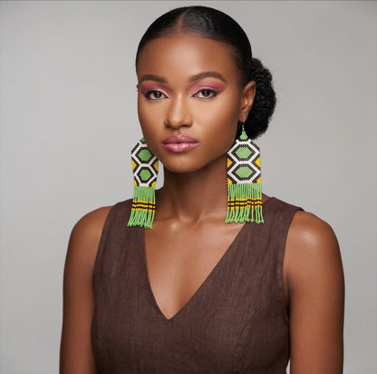 Long African Green Beaded Fringe Statement Earrings