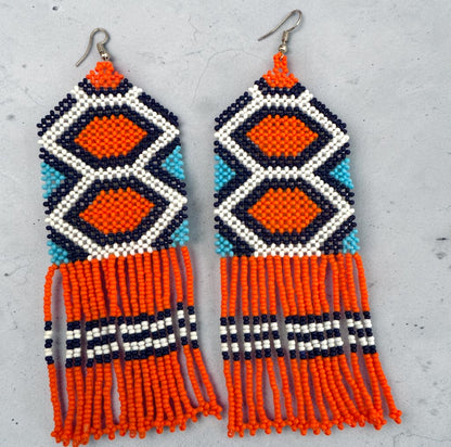 Long Orange African Beaded Fringe Earrings