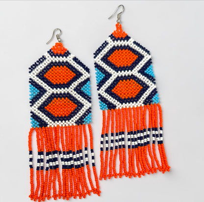 Long Orange African Beaded Fringe Earrings