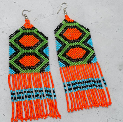 Long Orange African Beaded Fringe Earrings