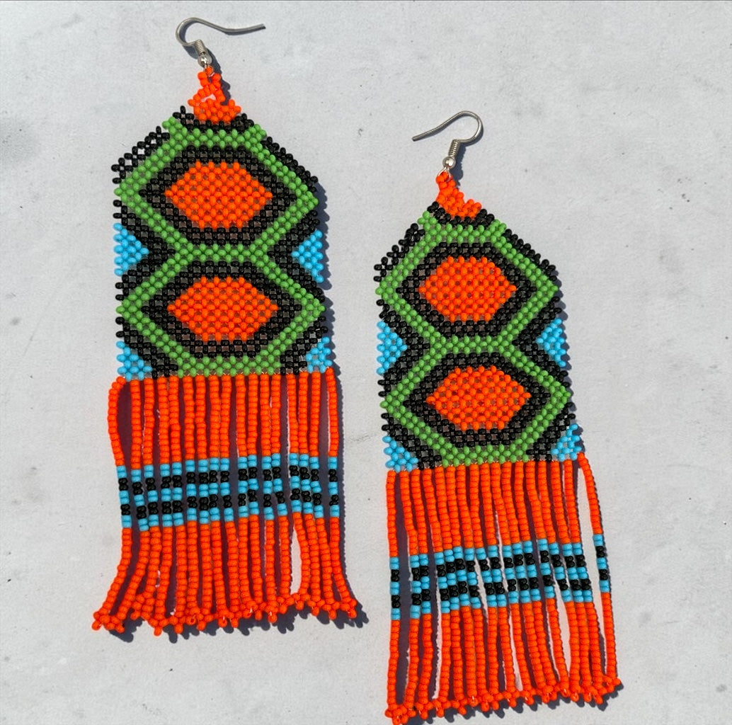 Long Orange African Beaded Fringe Earrings