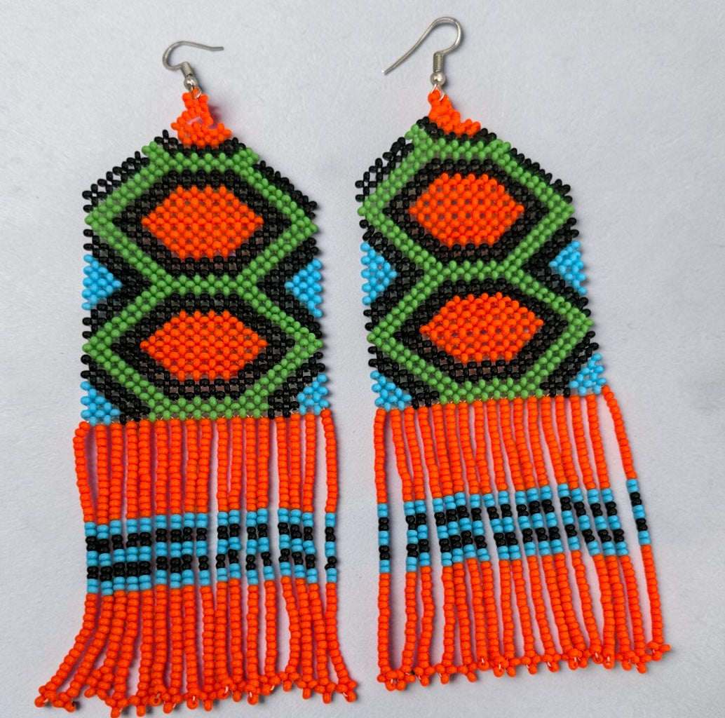 Long Orange African Beaded Fringe Earrings