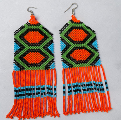 Long Orange African Beaded Fringe Earrings