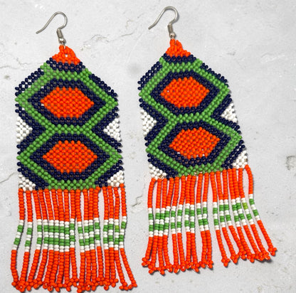 Long Orange African Beaded Fringe Earrings