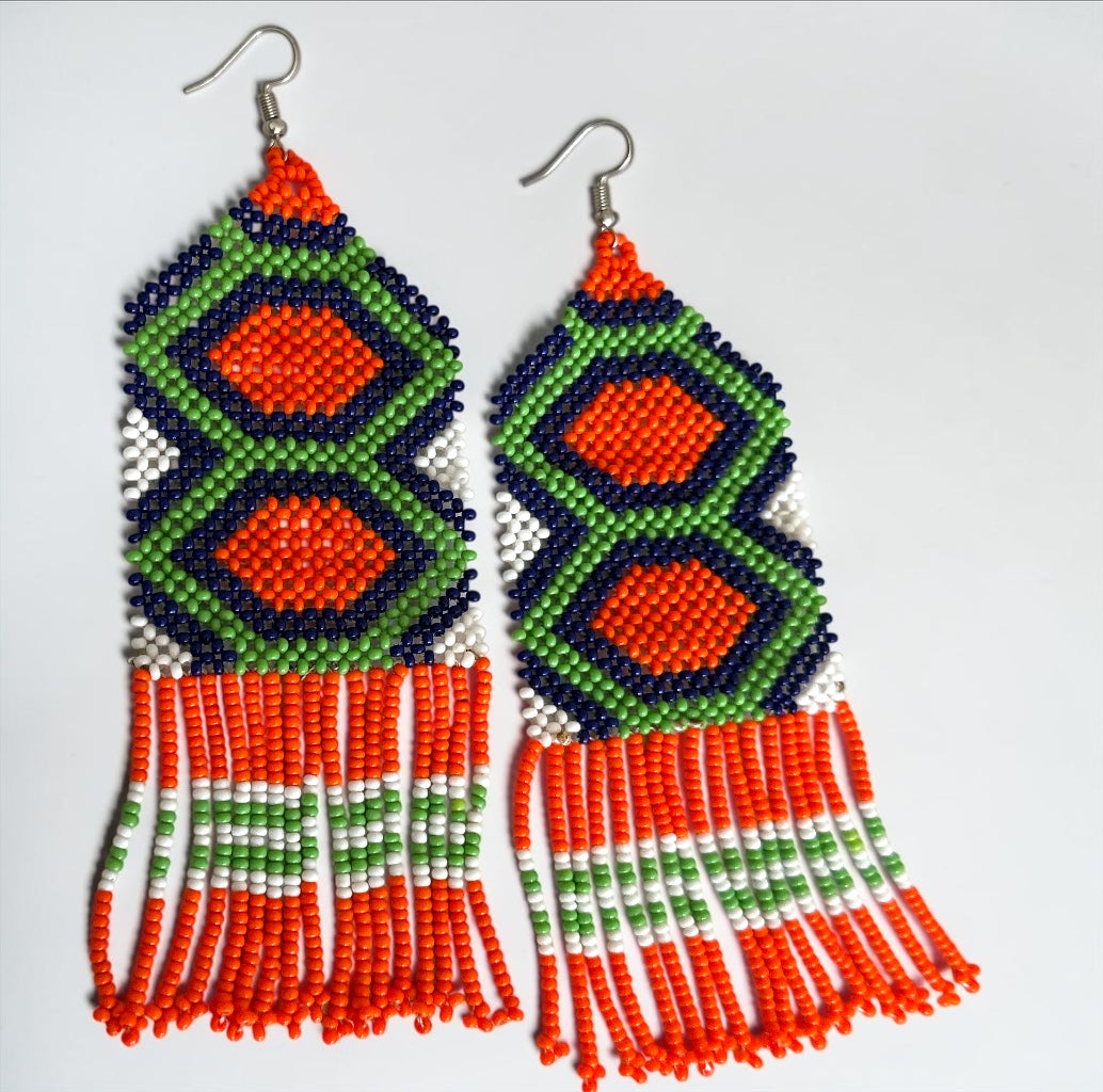 Long Orange African Beaded Fringe Earrings