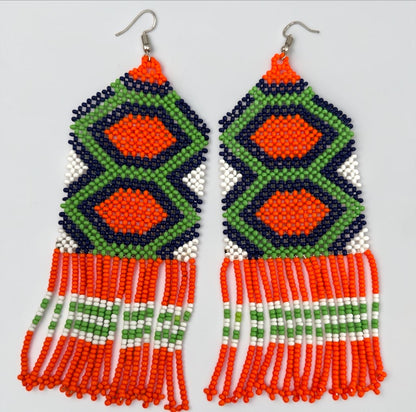 Long Orange African Beaded Fringe Earrings