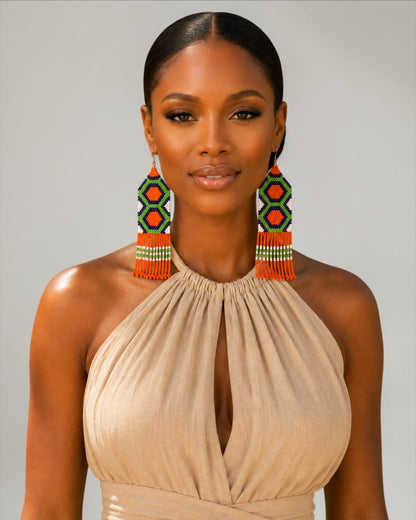 Long Orange African Beaded Fringe Earrings