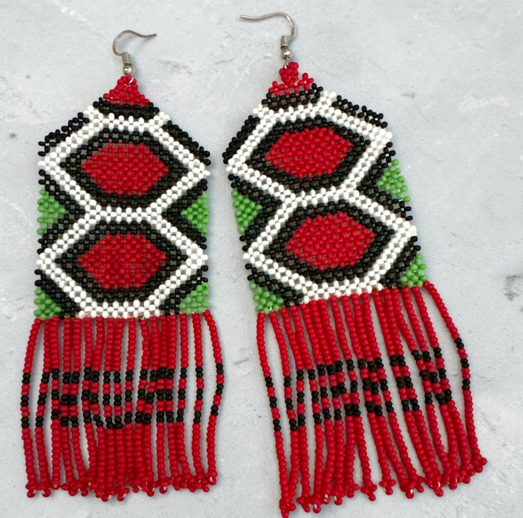 Long Red African Beaded Fringe Earrings