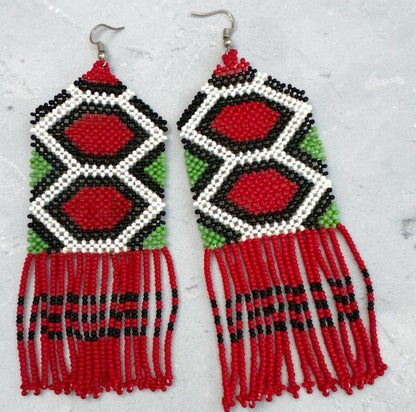 Long Red African Beaded Fringe Earrings