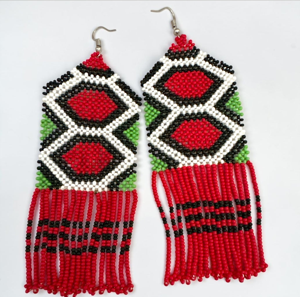 Long Red African Beaded Fringe Earrings