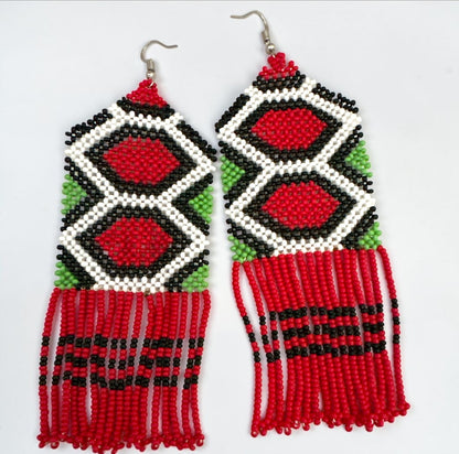 Long Red African Beaded Fringe Earrings