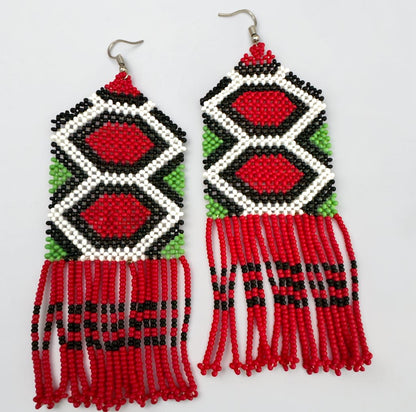 Long Red African Beaded Fringe Earrings