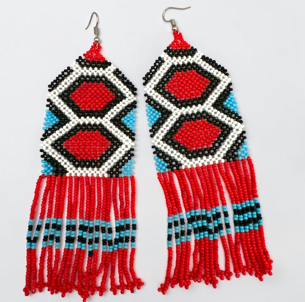 Long Red African Beaded Fringe Earrings