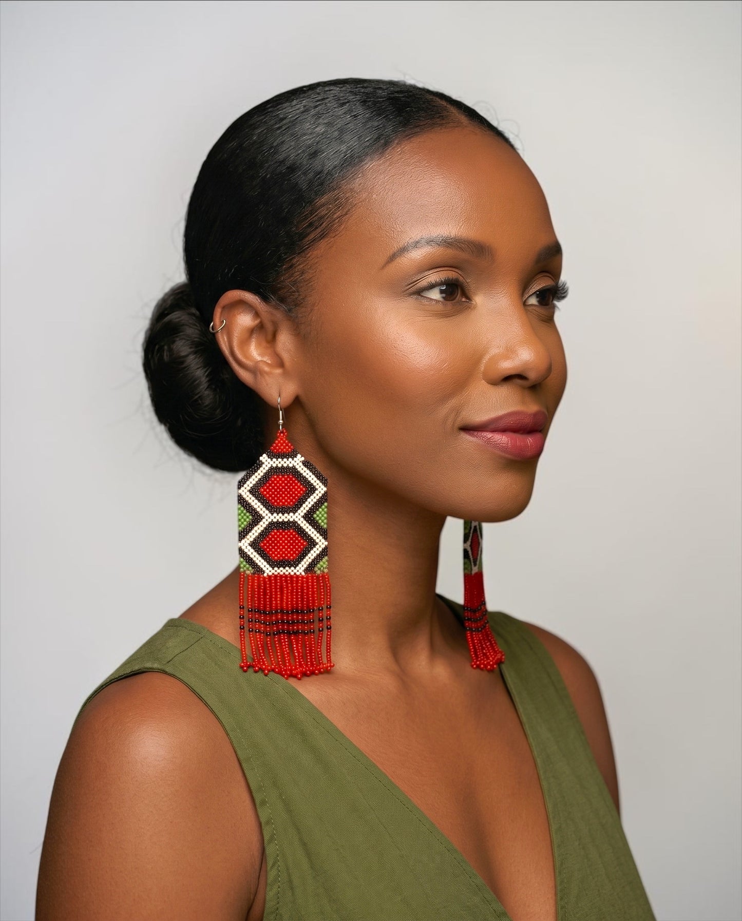 Long Red African Beaded Fringe Earrings
