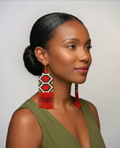Long Red African Beaded Fringe Earrings
