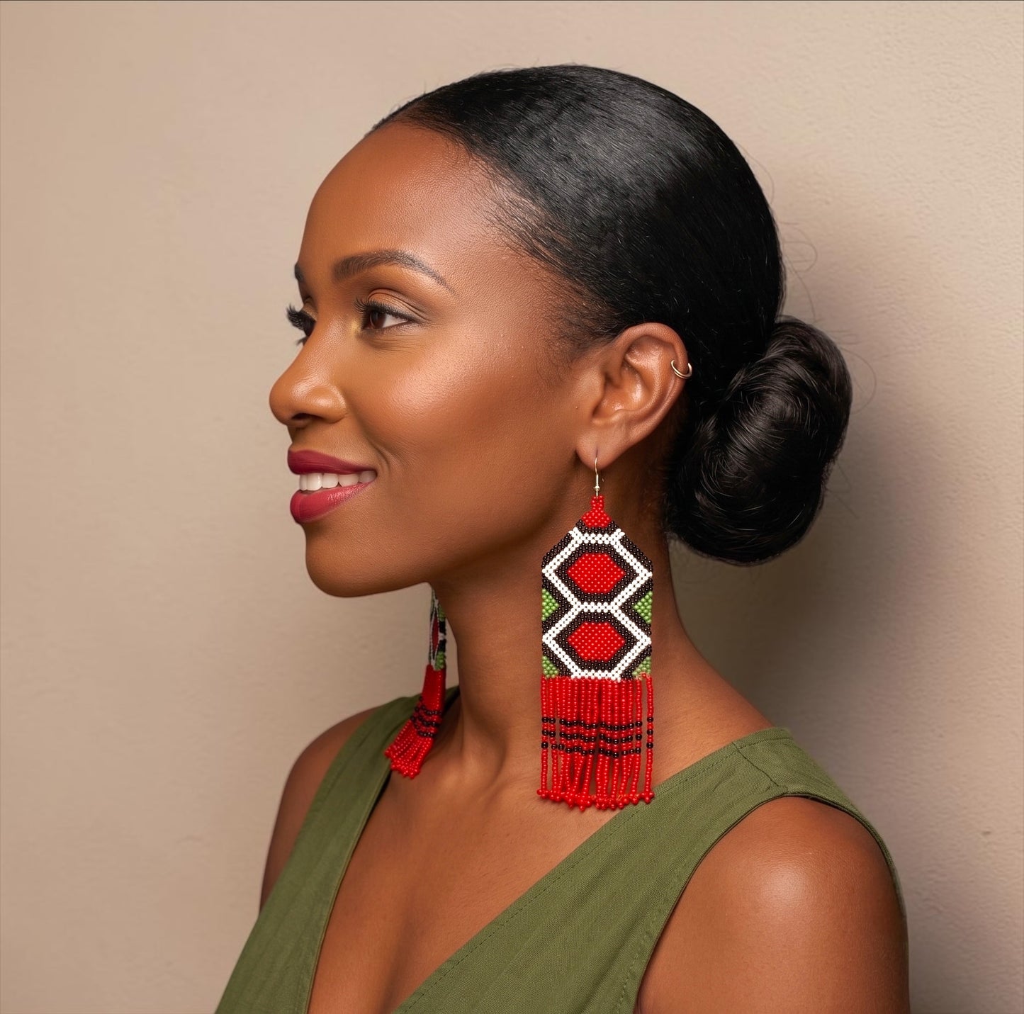 Long Red African Beaded Fringe Earrings