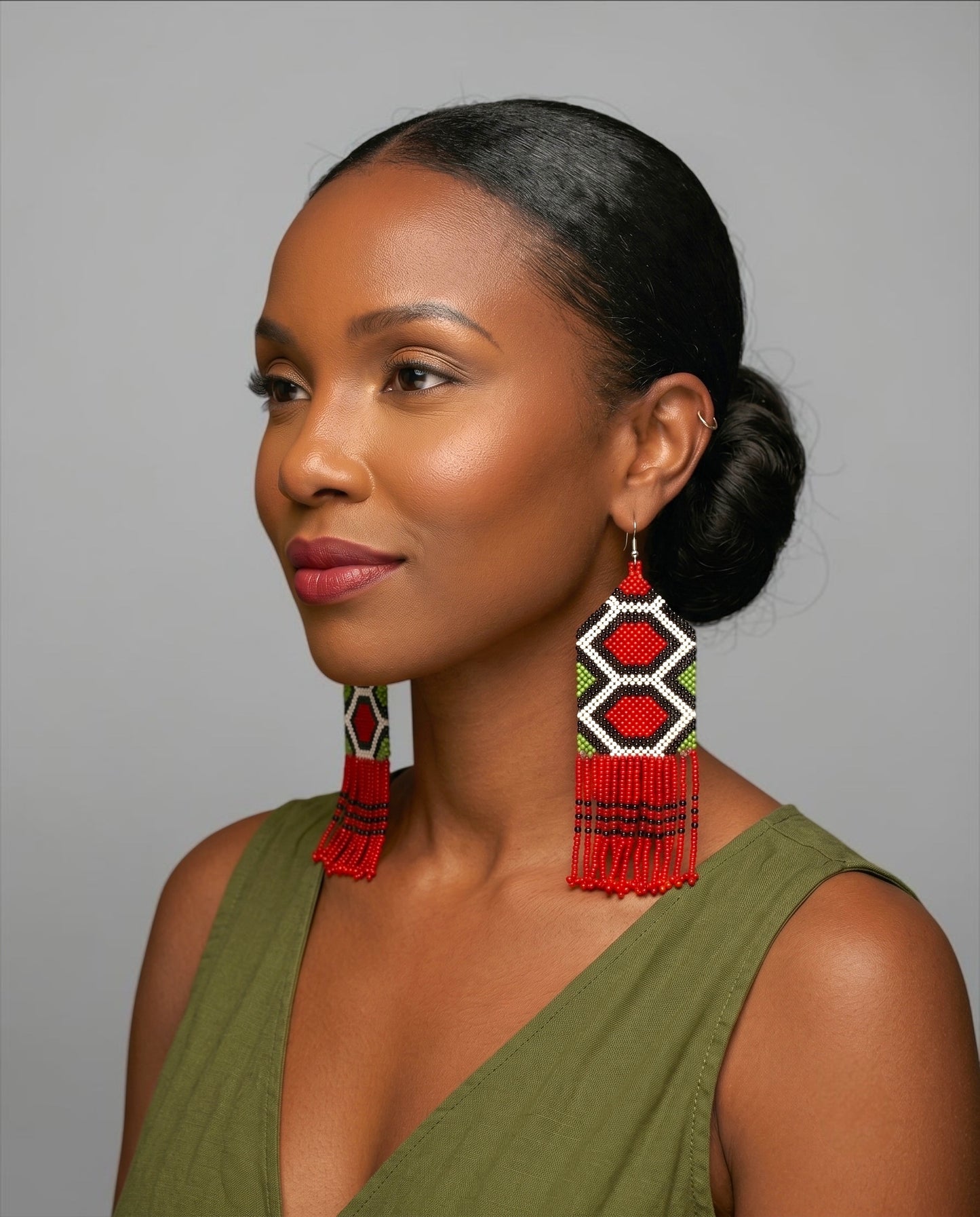 Long Red African Beaded Fringe Earrings