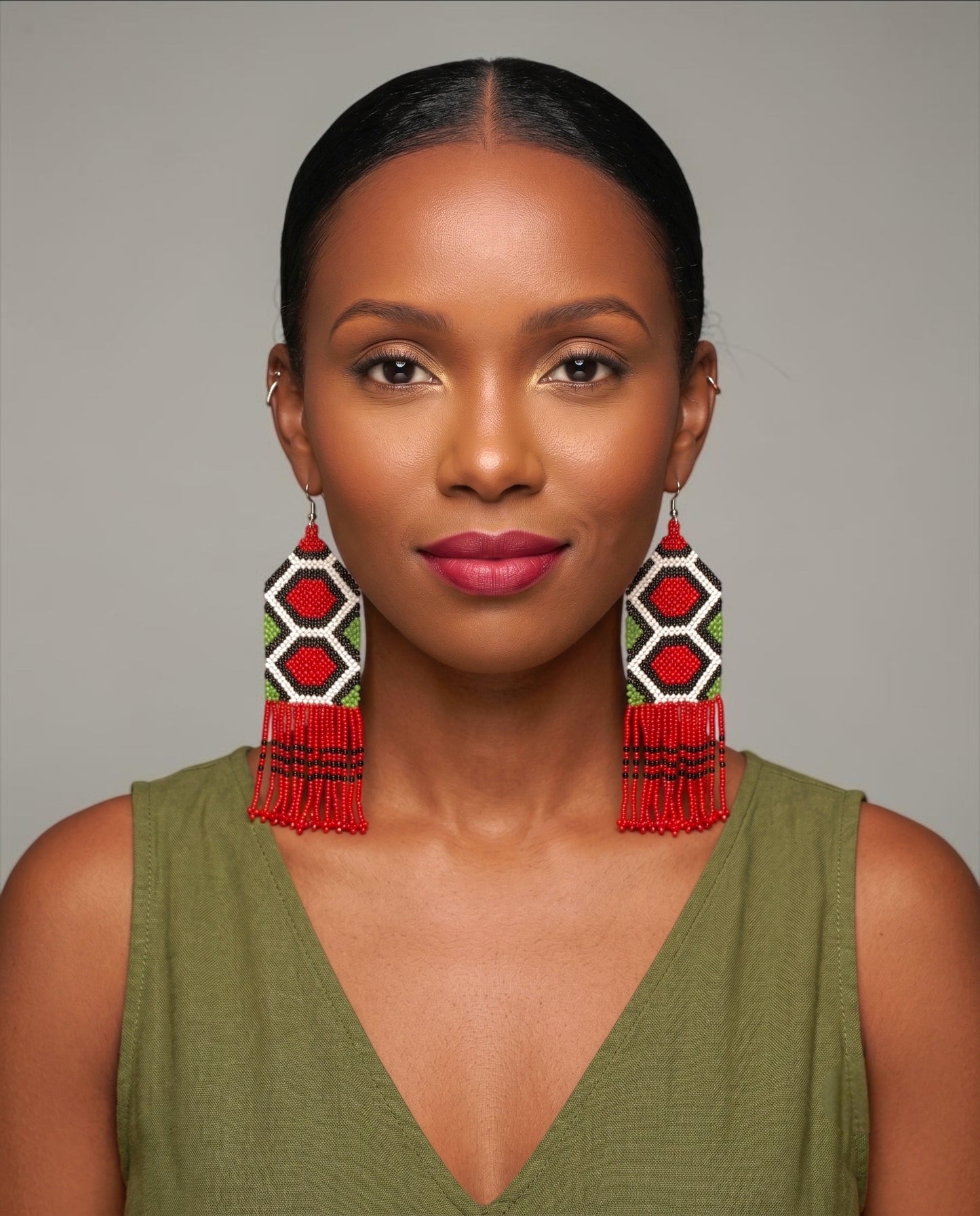 Long Red African Beaded Fringe Earrings