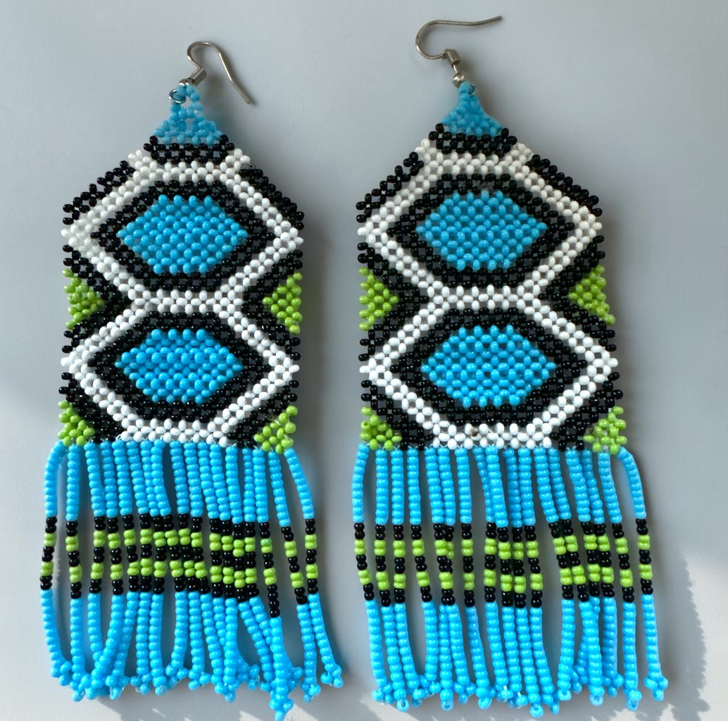 Long Blue African Beaded Fringe Earrings