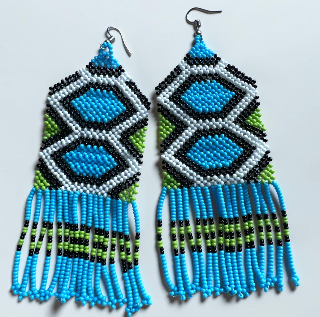 Long Blue African Beaded Fringe Earrings