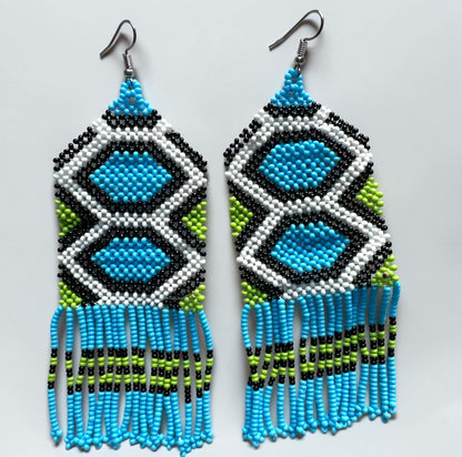 Long Blue African Beaded Fringe Earrings