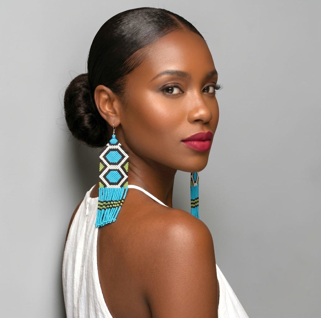 Long Blue African Beaded Fringe Earrings