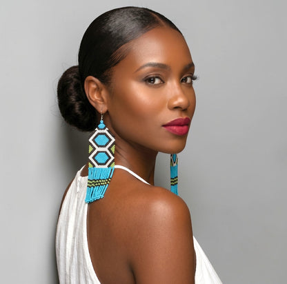 Long Blue African Beaded Fringe Earrings