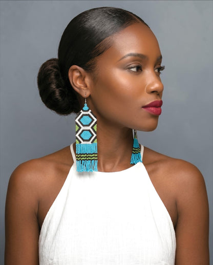 Long Blue African Beaded Fringe Earrings