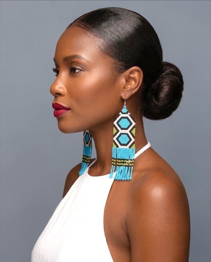 Long Blue African Beaded Fringe Earrings