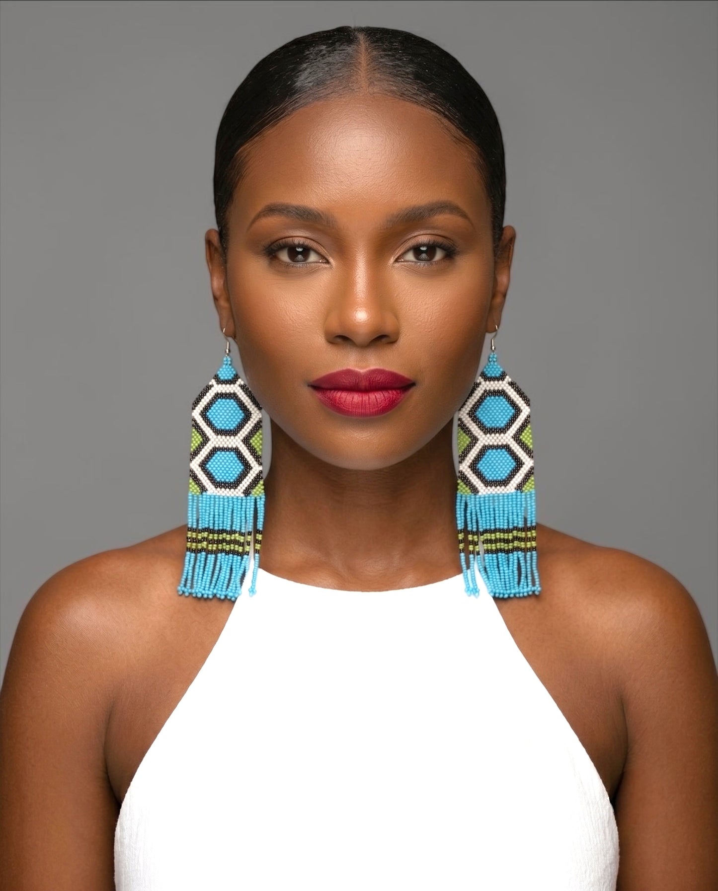 Long Blue African Beaded Fringe Earrings