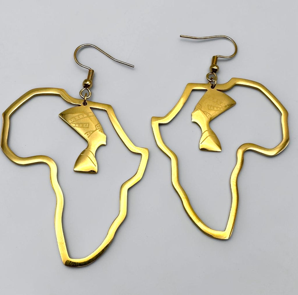 Africa Map Nefertiti Stainless Steel Earrings