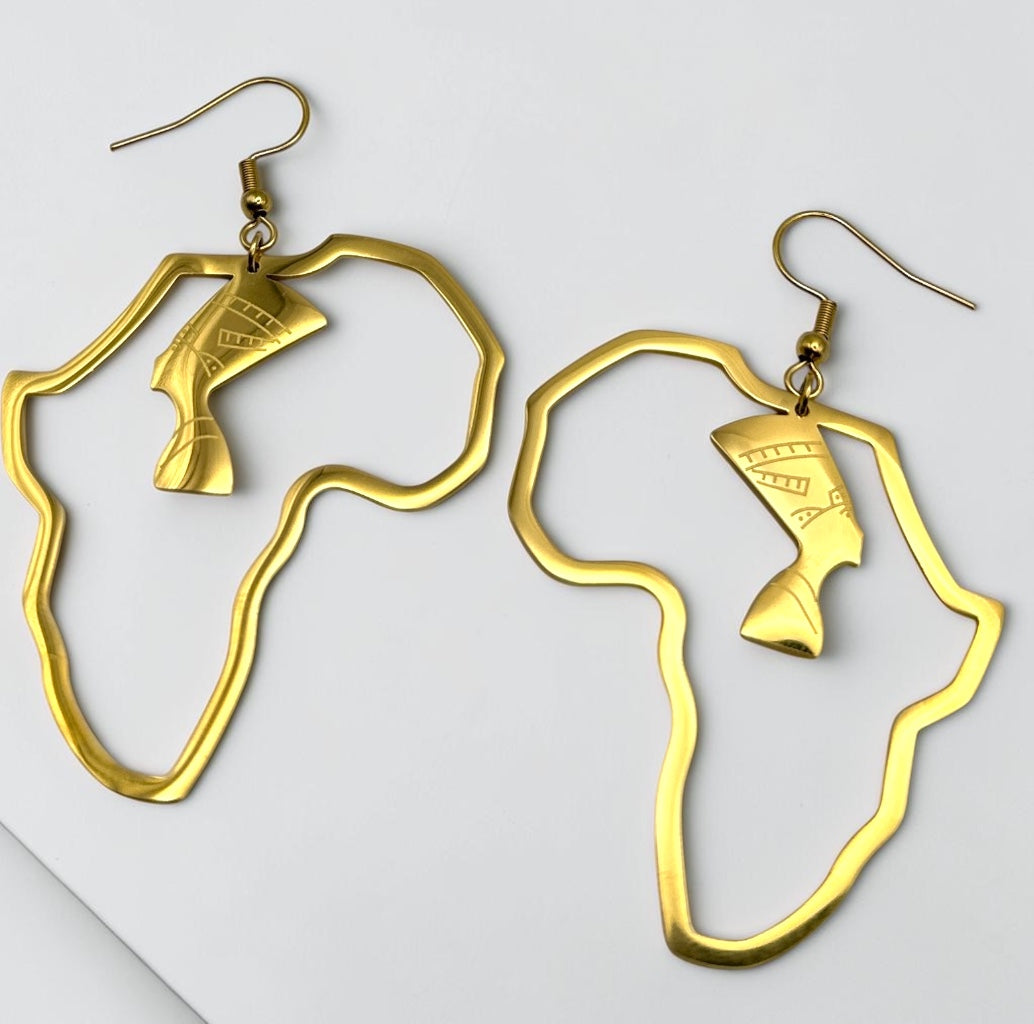 Africa Map Nefertiti Stainless Steel Earrings